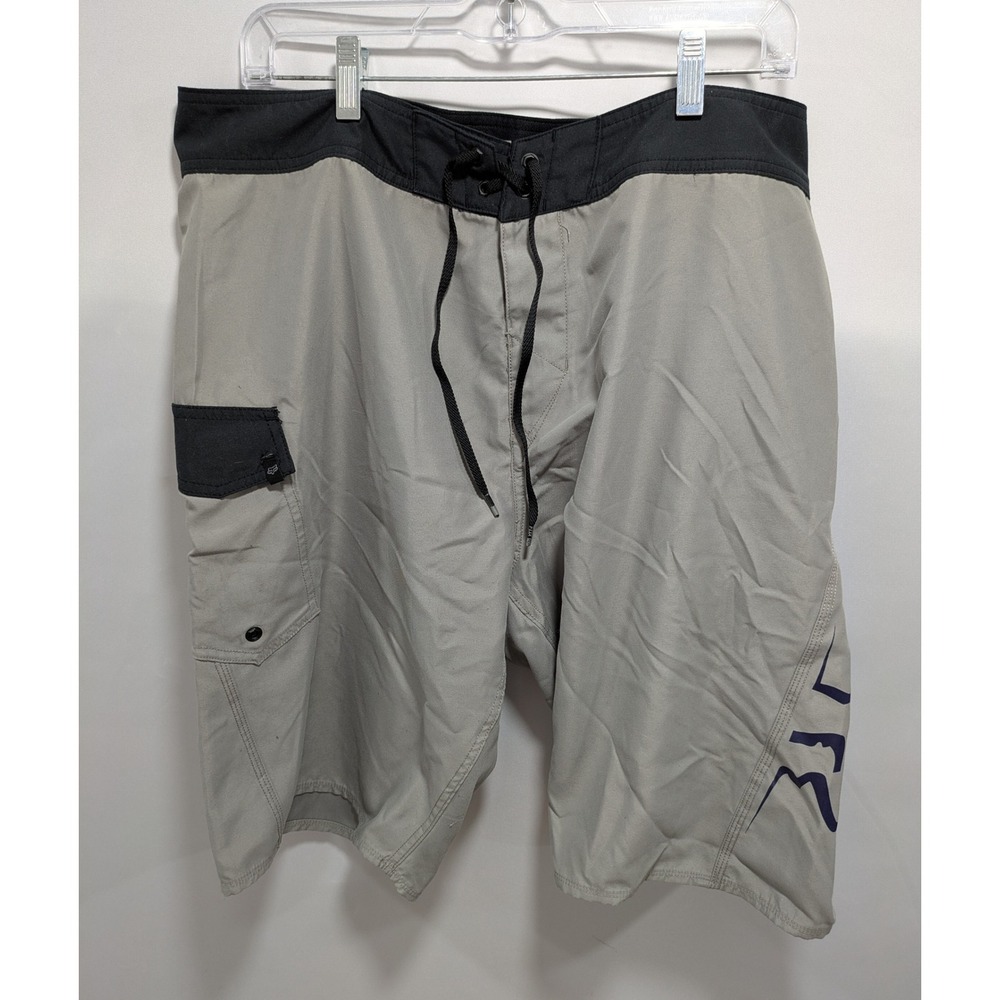Mens Fox Boardshorts Gray Color Block Rap Fit Surfing Racing Logo Shorts Size 36